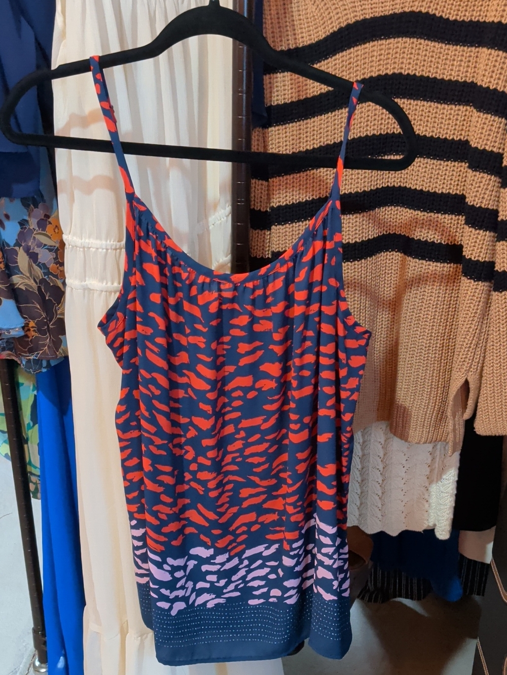 CAbi Navy Camisole with Coral & Pink Abstract Print